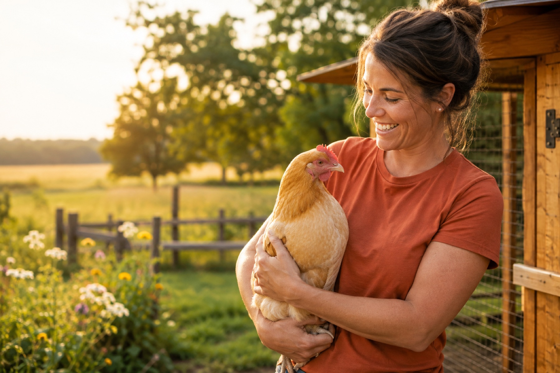 Backyard chicken keeper holding a buff-colored hen beside a wooden coop